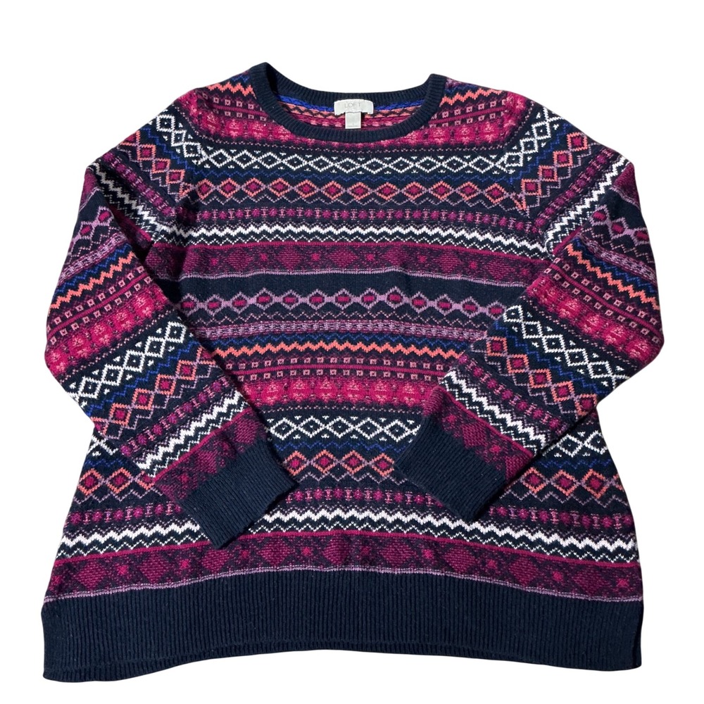 Loft Fair Isle Knit Sweater Women L Pink Navy Nordic Geometric Crew Neck Top